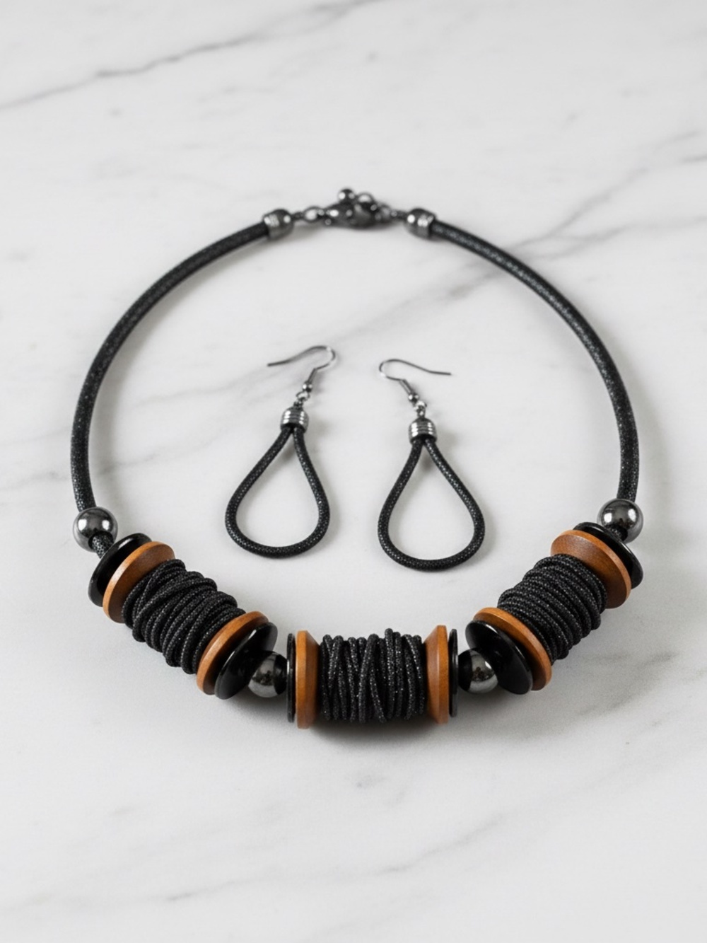 Womens‎ Black Chunky Metallic Necklace Earring Set